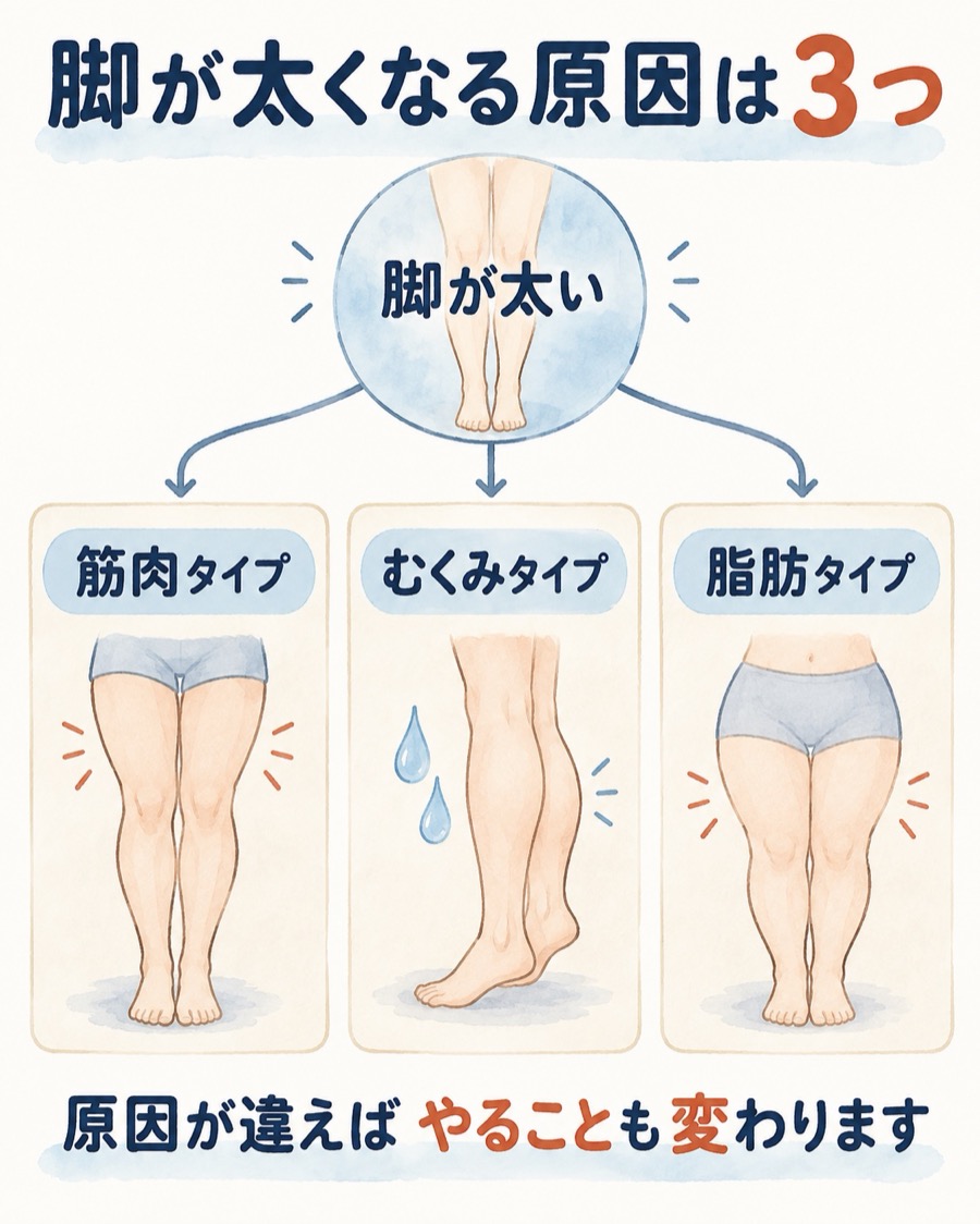脚が太くなる原因は3つ（筋肉・むくみ・脂肪）の図解